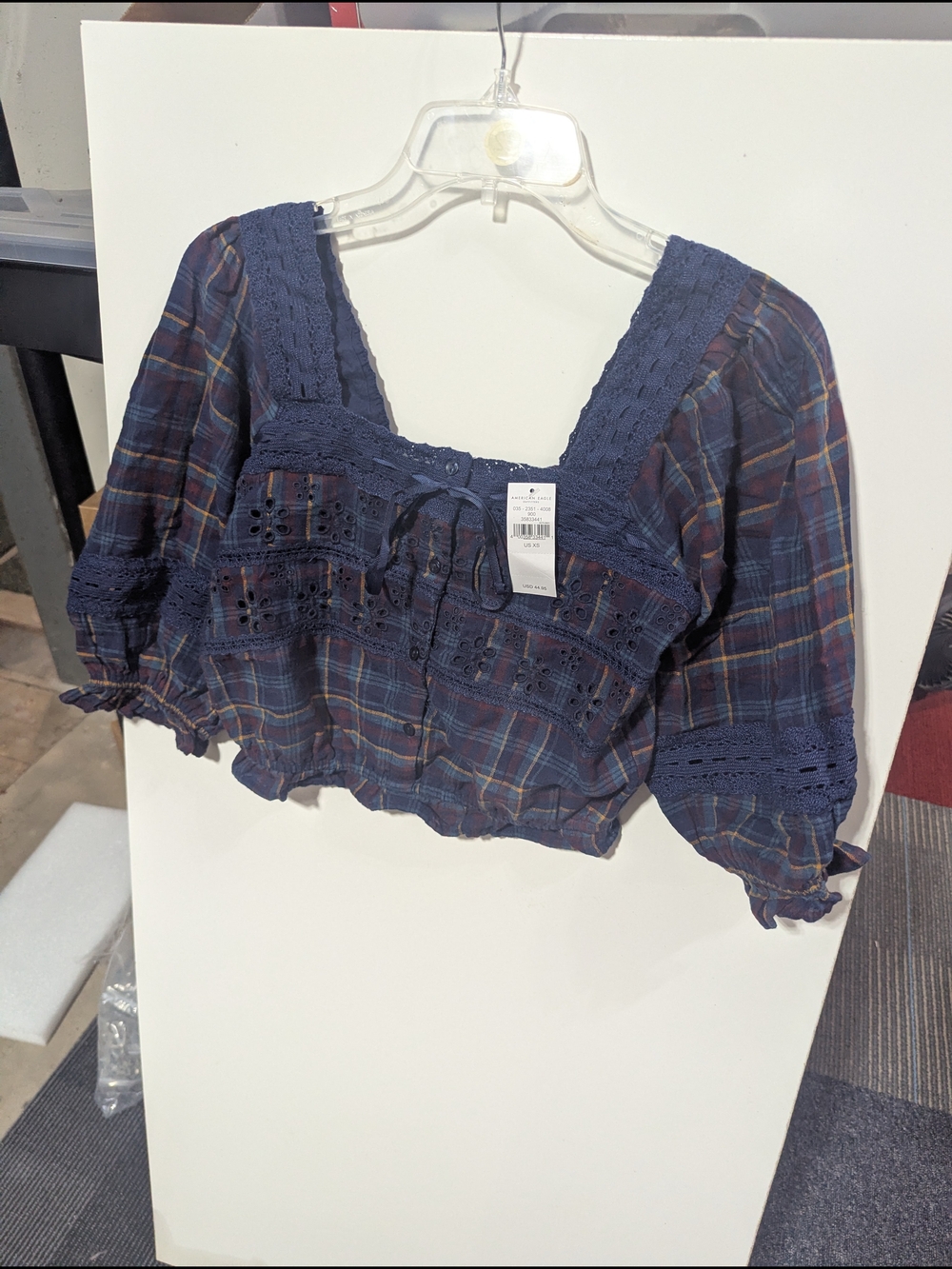 American Eagle Outfitters Navy Plaid Crochet-Trim Crop Top